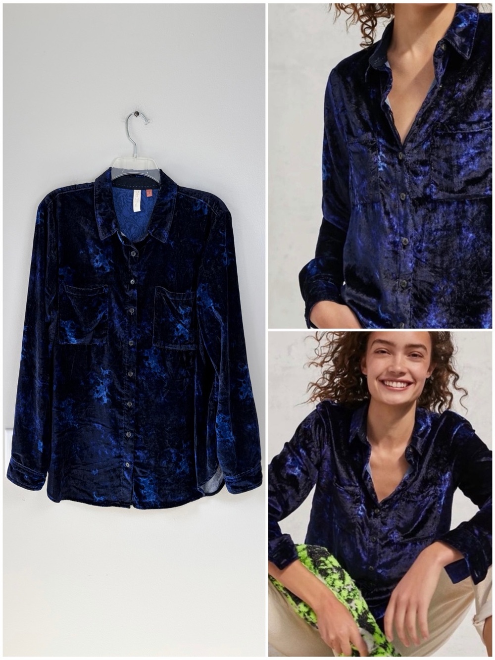 Pilcro Anthropologie Mara Relaxed Velvet Button Down Shirt in Blue Motif
